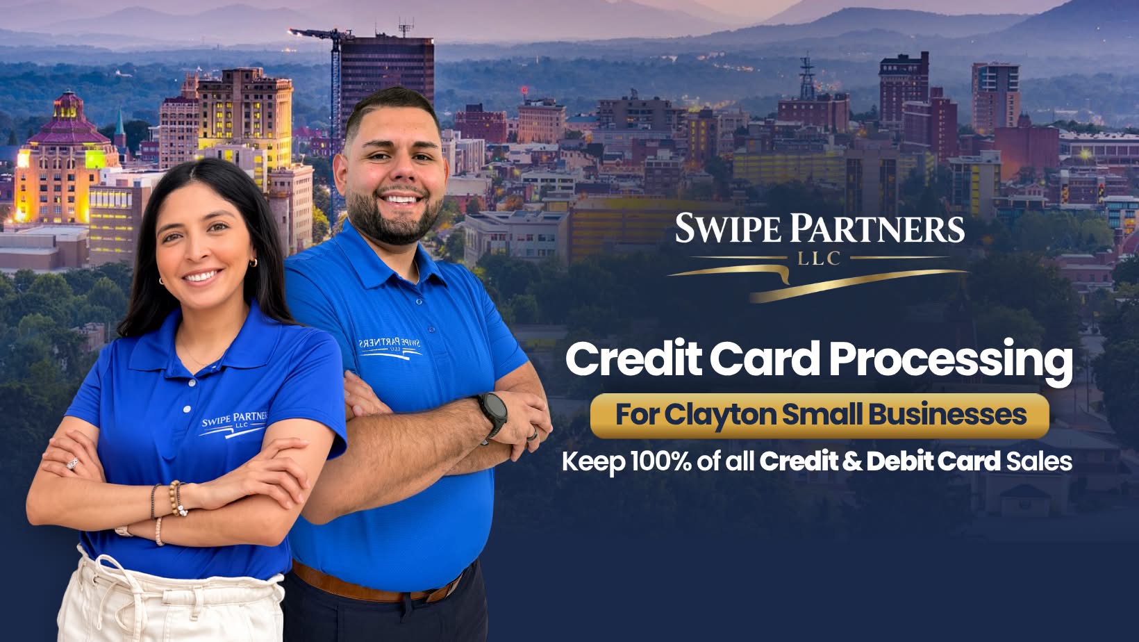 Danielle and Carlos of Swipe Partners with North Carolina city skyline
