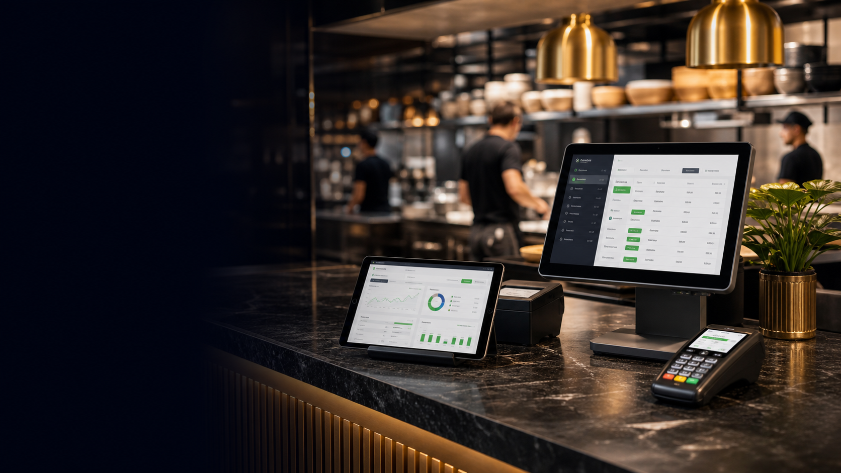 Payment terminal and operations software dashboard in a restaurant setting